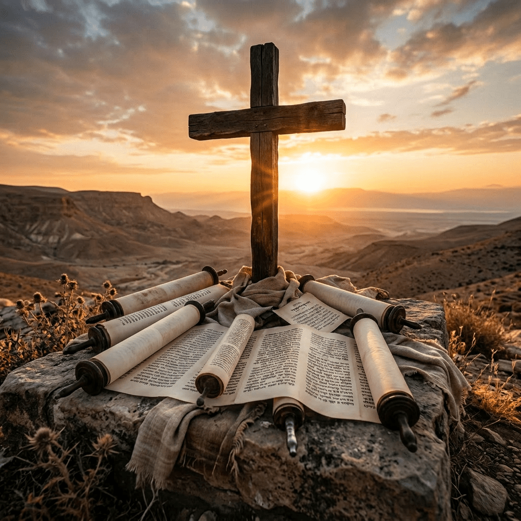 Wooden cross on stone with ancient scrolls and sunset over desert hills